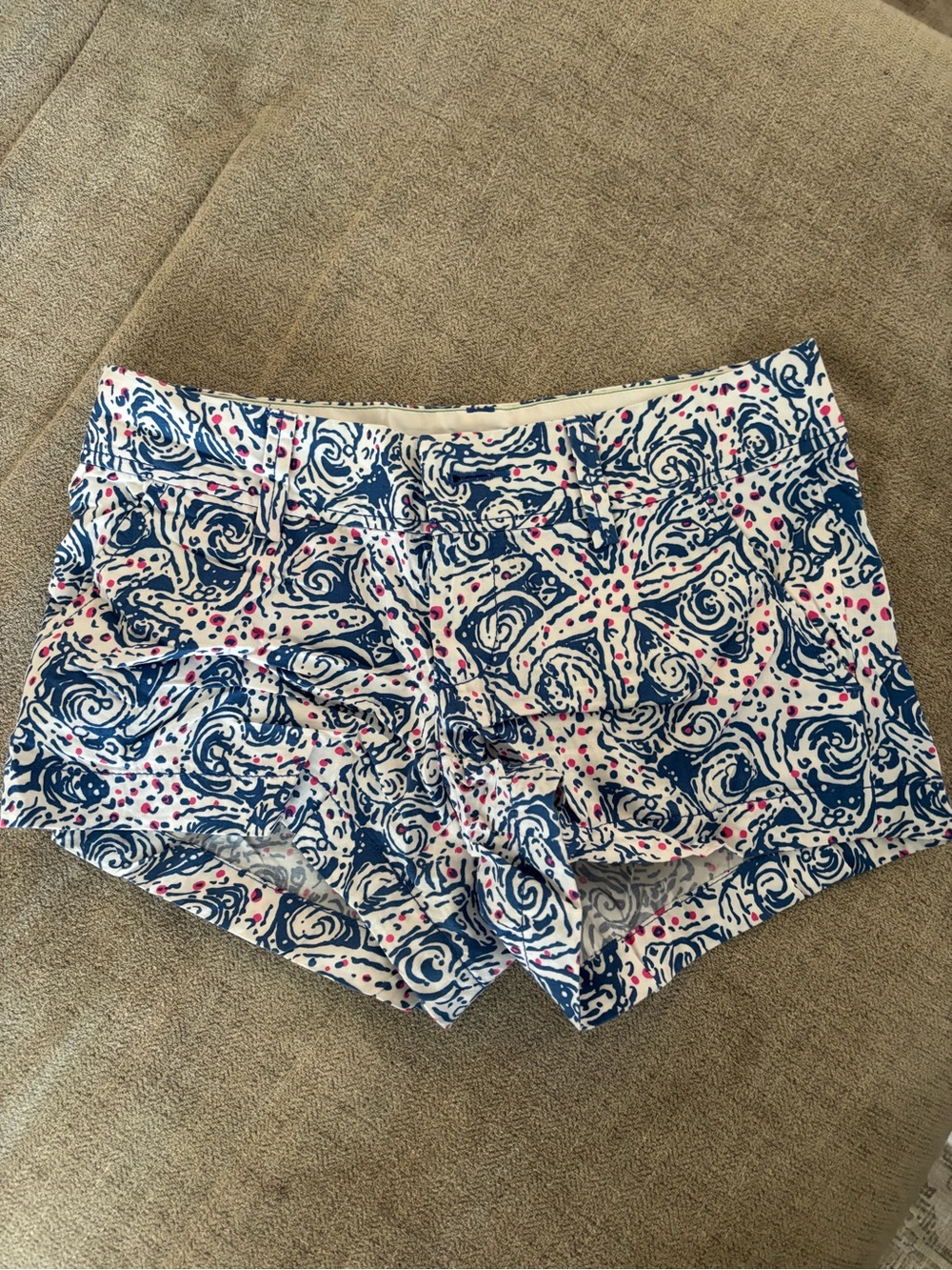 Lilly Pulitzer White High-Waist Shorts with Blue Swirl & Pink Dot Print
